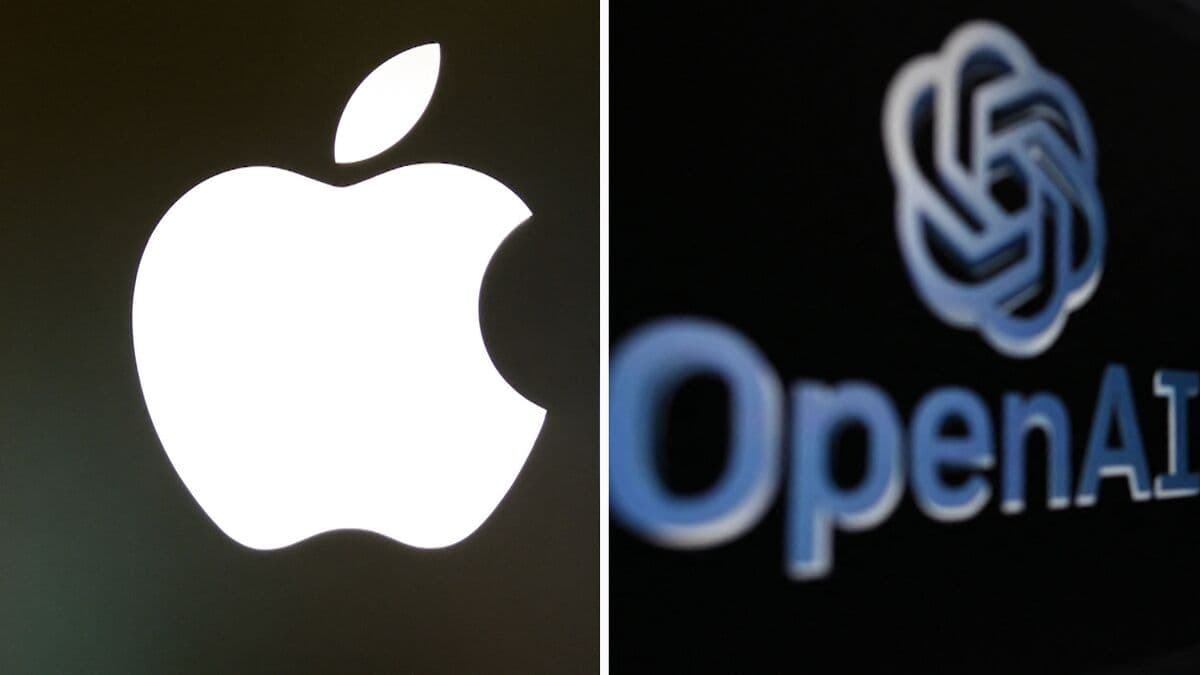 Apple and OpenAI logos with a gavel symbolizing legal action.