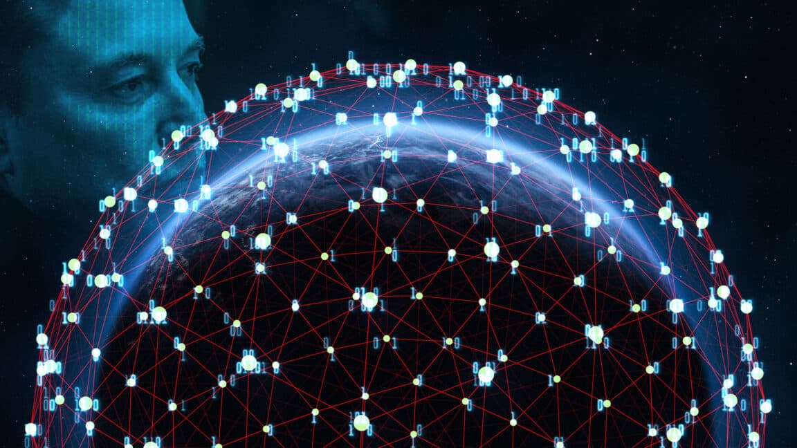 SpaceX logo with a satellite and mobile network imagery