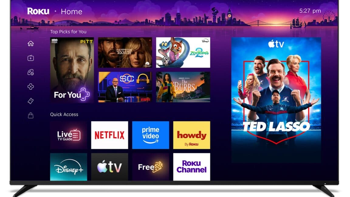 Roku's redesigned home screen showcasing personalized content and advertisements.