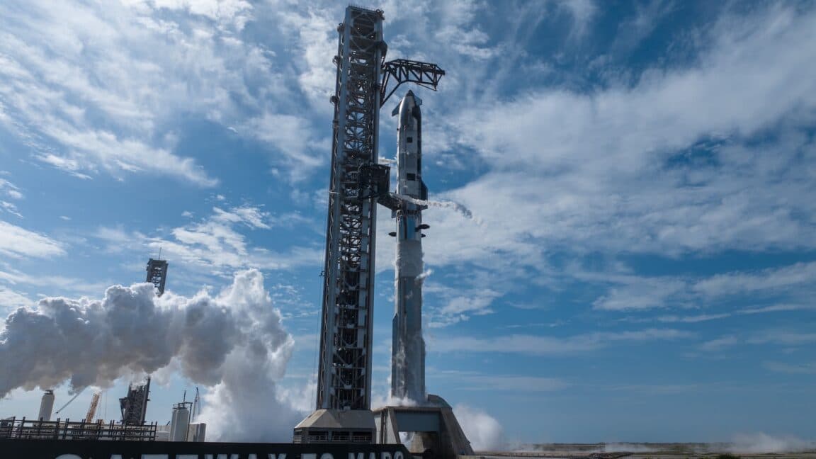 SpaceX's Starship V3 rocket poised for launch.