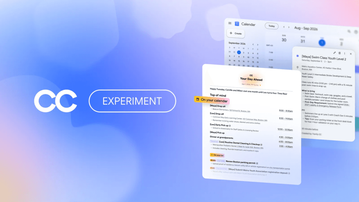 An infographic showcasing Google’s CC AI agent features for family coordination.