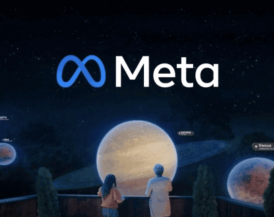 Meta logo with a backdrop of artificial intelligence graphics