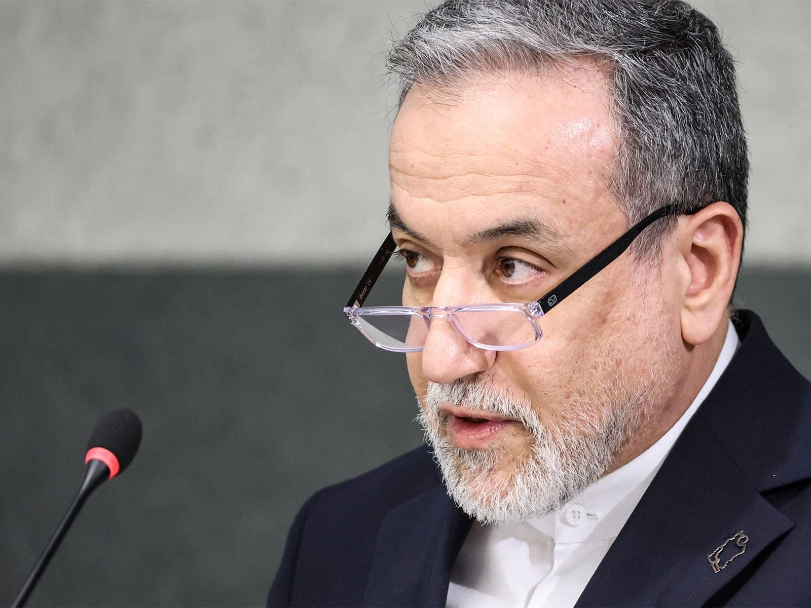 Iranian Foreign Minister Abbas Araghchi speaking at BRICS meeting in New Delhi.