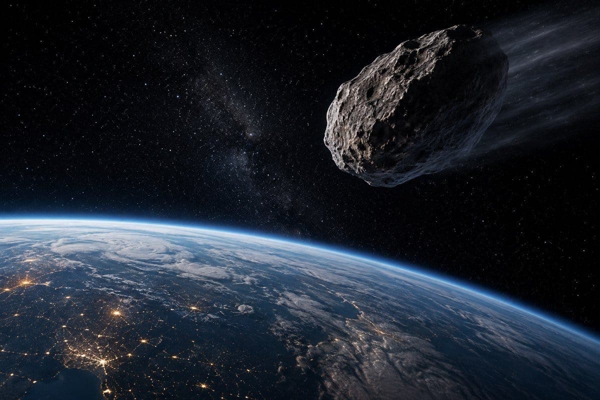 Asteroid 2026 JH2 trajectory illustration with Earth and moon comparison