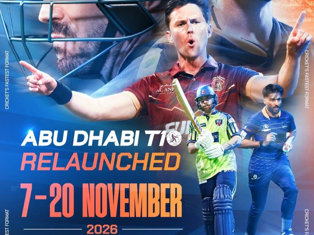 Abu Dhabi T10 cricket tournament logo with a cricket field background.