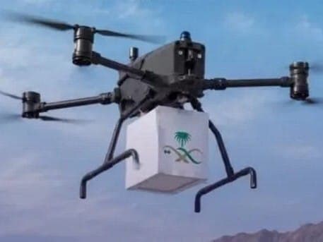 Drone delivering medical supplies during Hajj in Saudi Arabia