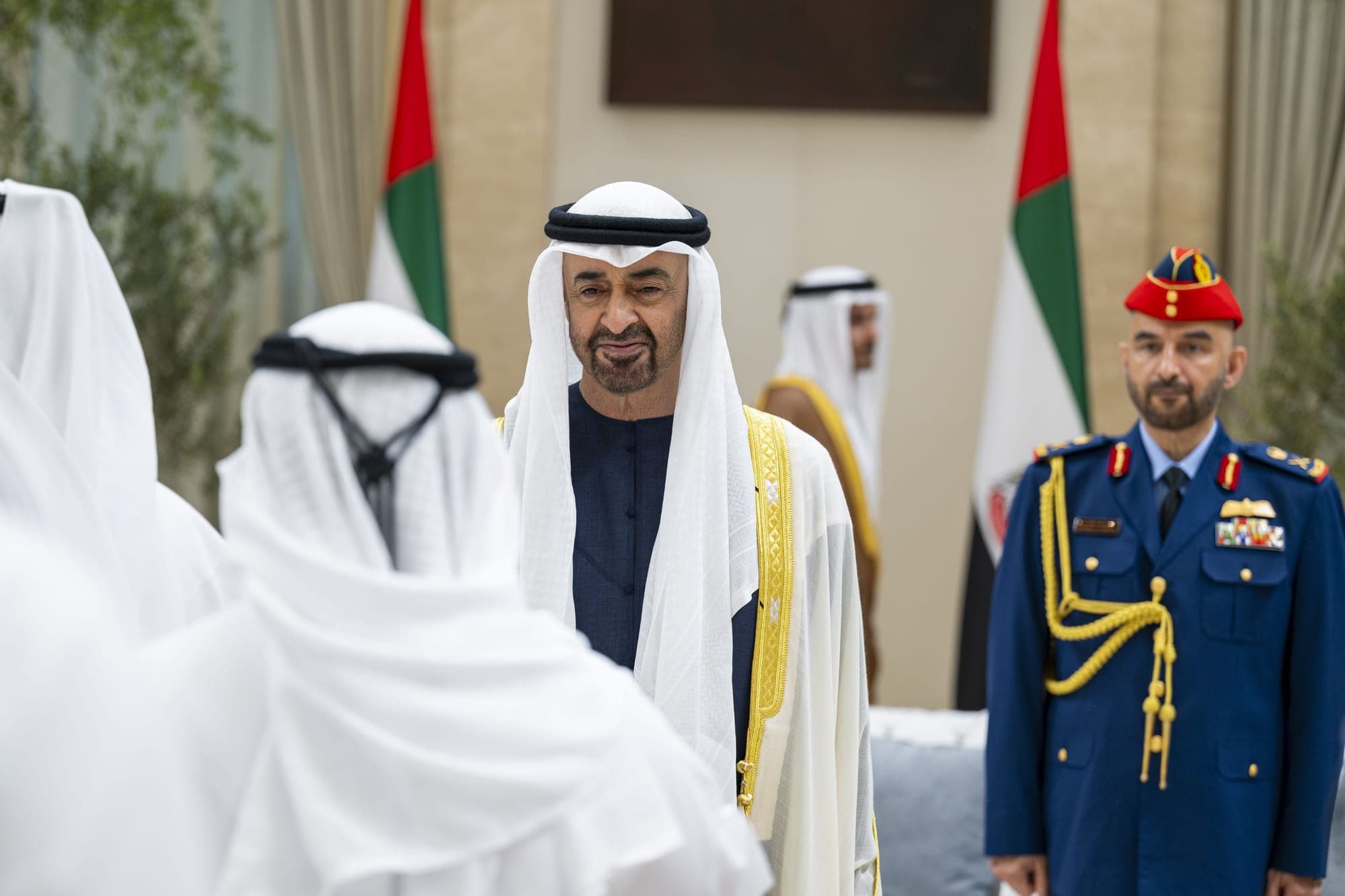 UAE President Sheikh Mohamed bin Zayed Al Nahyan receiving Eid Al Adha greetings, symbolizing unity and cultural celebration.