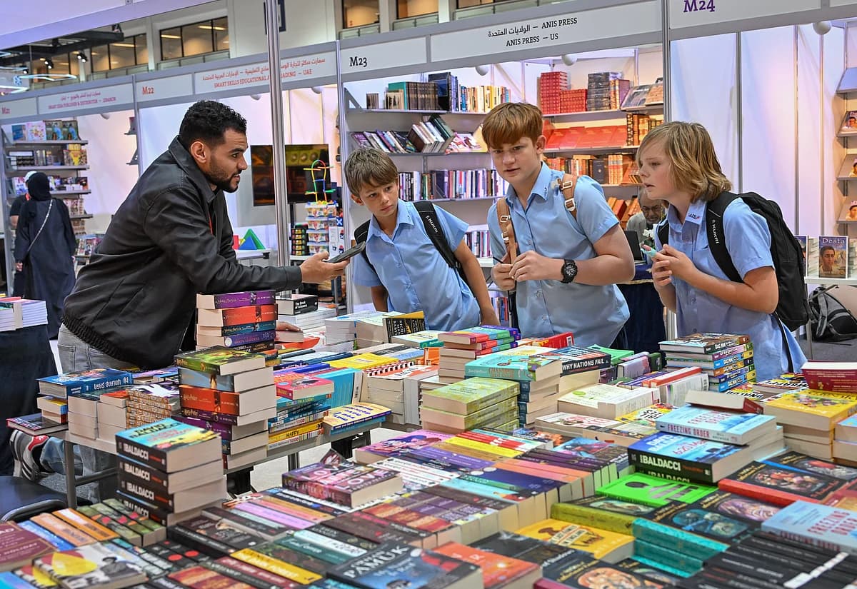 A vibrant scene from the Sharjah International Book Fair showcasing diverse literary activities.