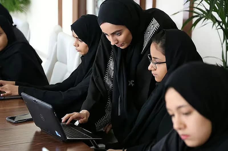 Infographic depicting the rise of Emirati women in the workforce, highlighting key statistics and trends.