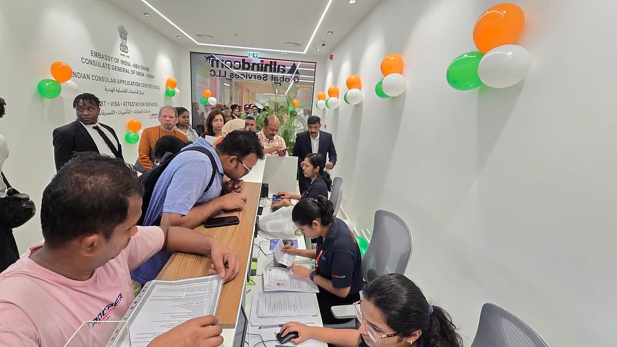 Indian passport centre opening in UAE with applicants waiting.
