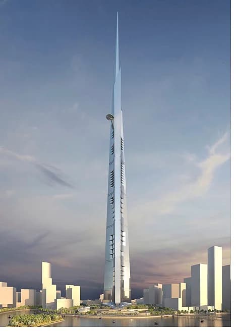 Jeddah Tower construction site with cranes and skyline in the background