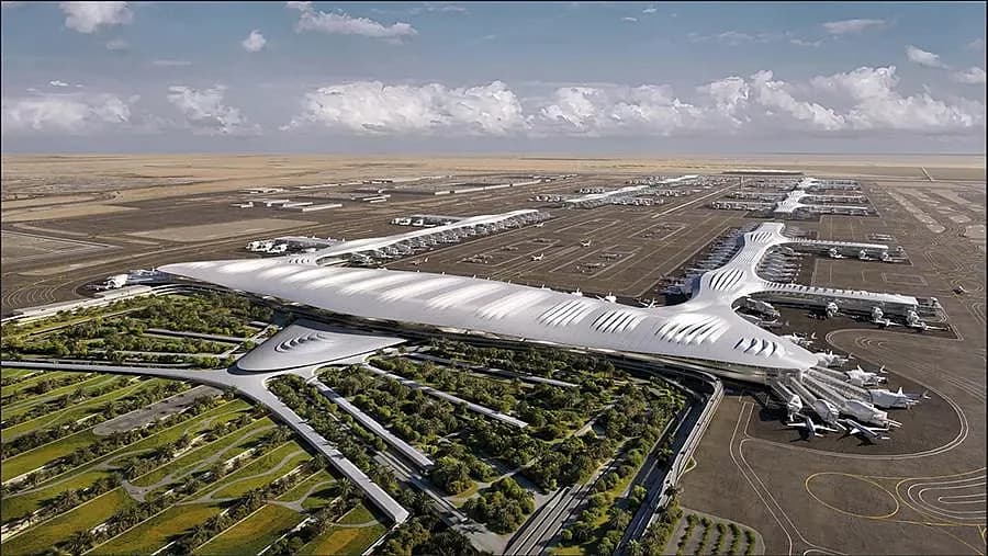 Construction progress at Al Maktoum International Airport, highlighting Dubai's aviation expansion efforts.