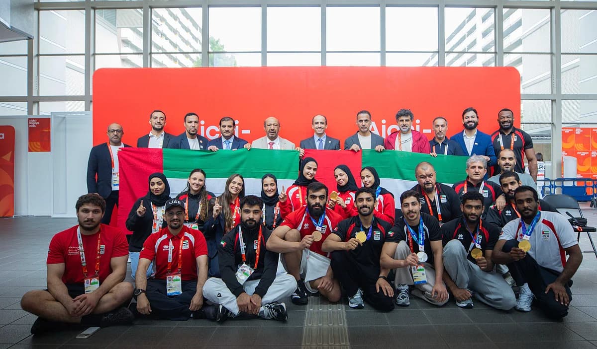 UAE Jiu-Jitsu team celebrating their five gold medals at the Asian Games.