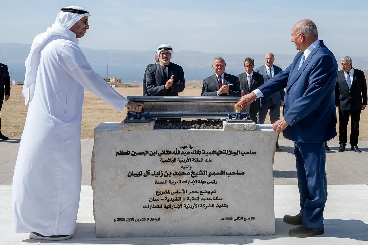 Infographic illustrating the UAE-Jordan $2.5 billion railway project, highlighting its route and economic impacts.