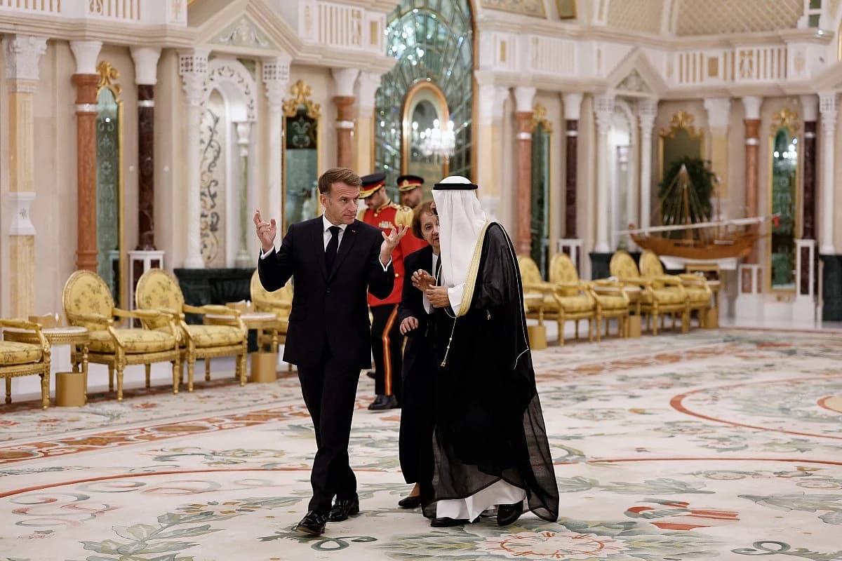 Infographic showing diesel supply agreements from Gulf nations to France during Macron's tour.