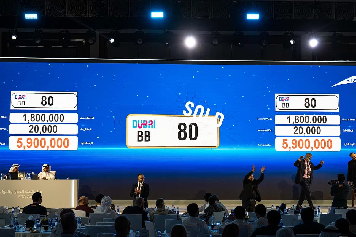 Minimalist dark display showing the Dh65.72 million Dubai RTA plate auction result with CC44 text.
