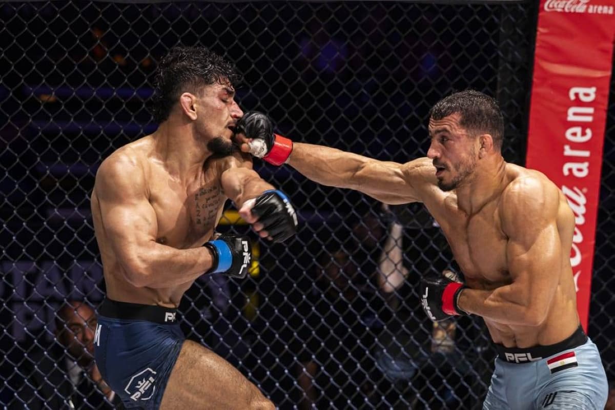 Ahmed Al-Brahim celebrating his victory at the PFL MENA season opener in Dubai.