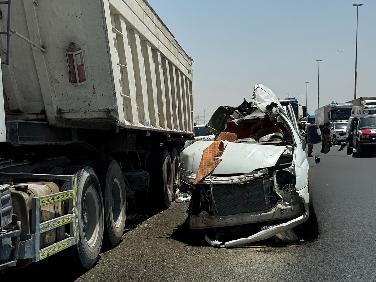 Emergency responders at the scene of a minibus and truck collision in Dubai.