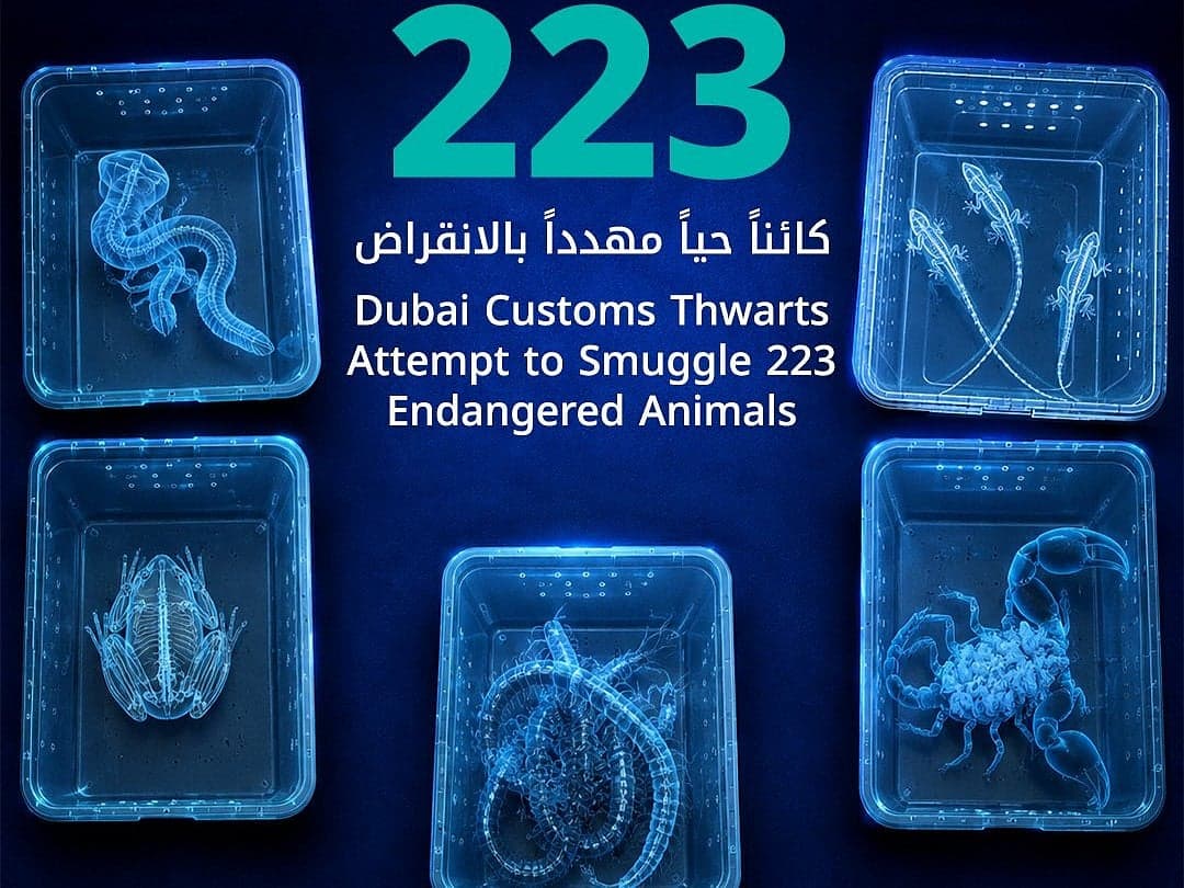 Dubai Customs officials with seized live animals at the airport
