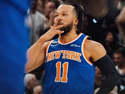 Jalen Brunson celebrating after winning the NBA championship with the Knicks.
