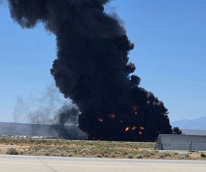 Smoke rising from the crash site of the B-52 Stratofortress at Edwards Air Force Base.