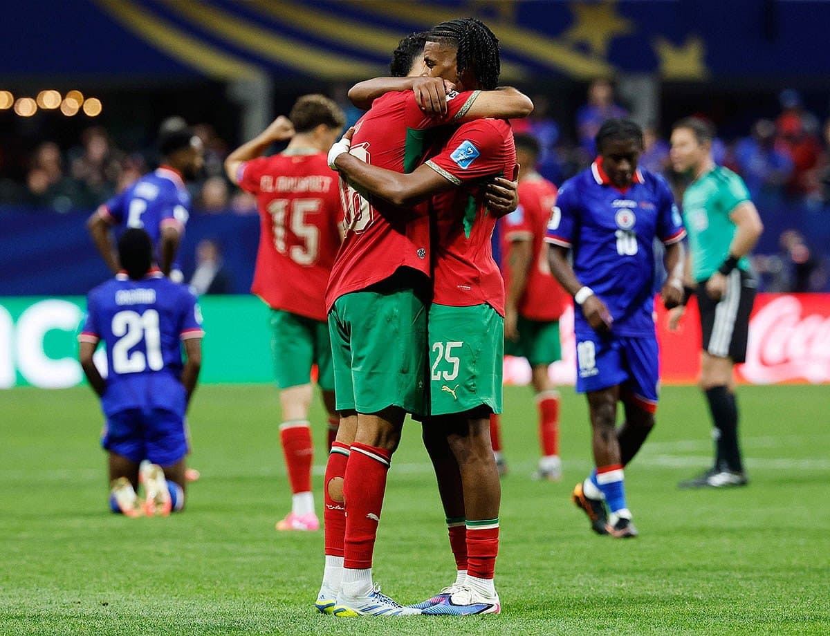 Morocco's national football team celebrating their victory over Haiti in the World Cup.