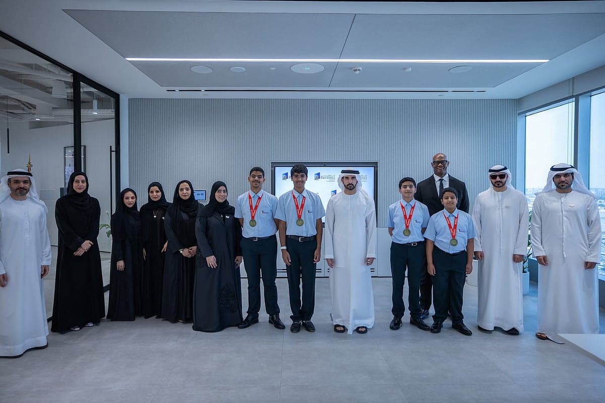 Emirati students celebrating their gold medal win at the London Olympiad.