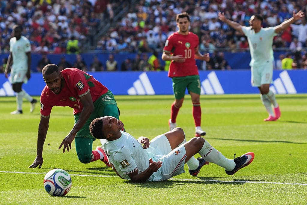 Kylian Mbappé celebrating after scoring in the World Cup quarter-finals against Morocco.