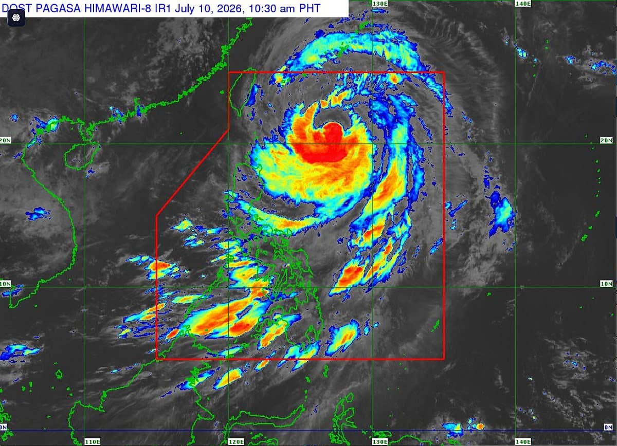 Typhoon Bavi approaching Taiwan with storm clouds and evacuation signs