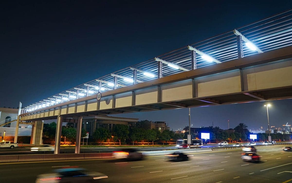 Smart LED lighting installation on pedestrian bridges in Dubai