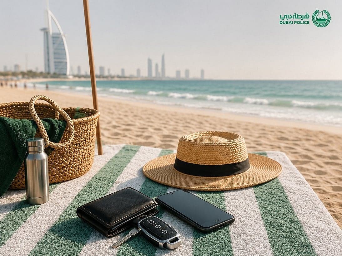 Dubai beach scene with warning signs for safety and theft prevention