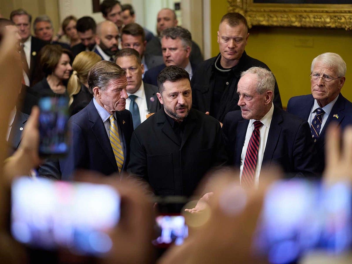 Ukrainian President Zelensky meeting with U.S. senators for military support discussions.