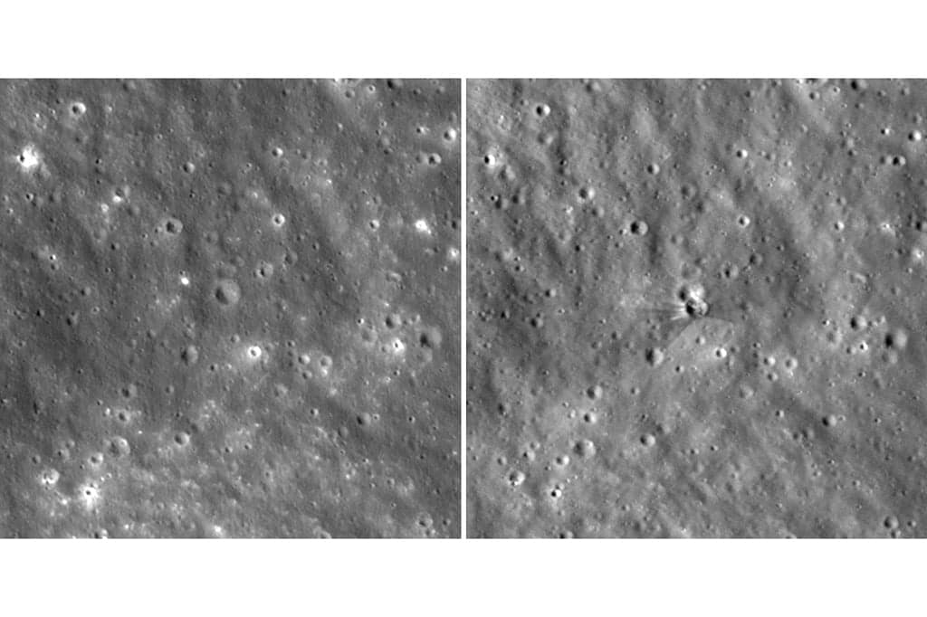 Before-and-after images showing the 60-foot crater formed by SpaceX Falcon 9 on the Moon's surface.