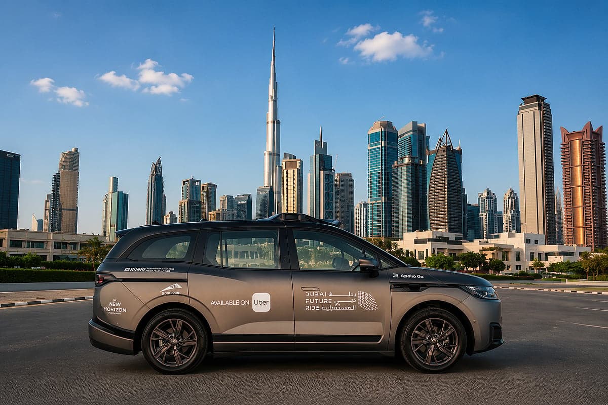 A futuristic Baidu Apollo Go robotaxi operating in Dubai, integrated with the Uber app.