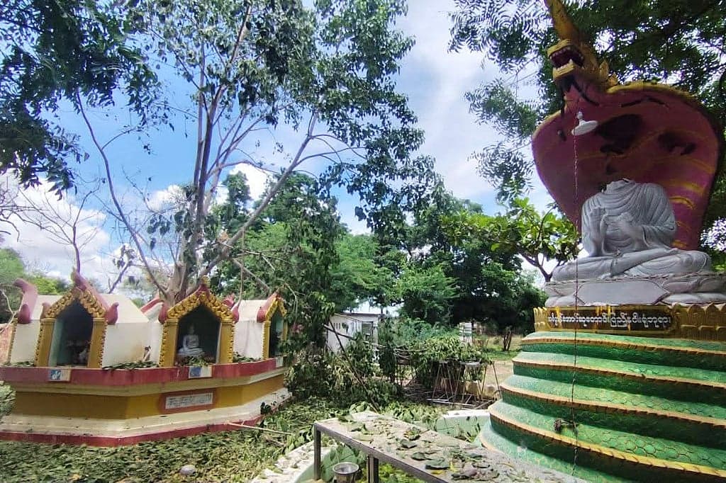 Aftermath of the Myanmar airstrike on a monastery, showing destruction and civilian impact.
