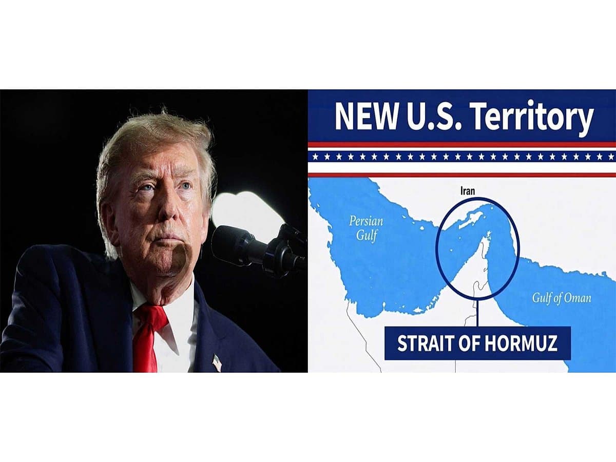 Map of the Strait of Hormuz with Trump's claim and shipping routes highlighted.