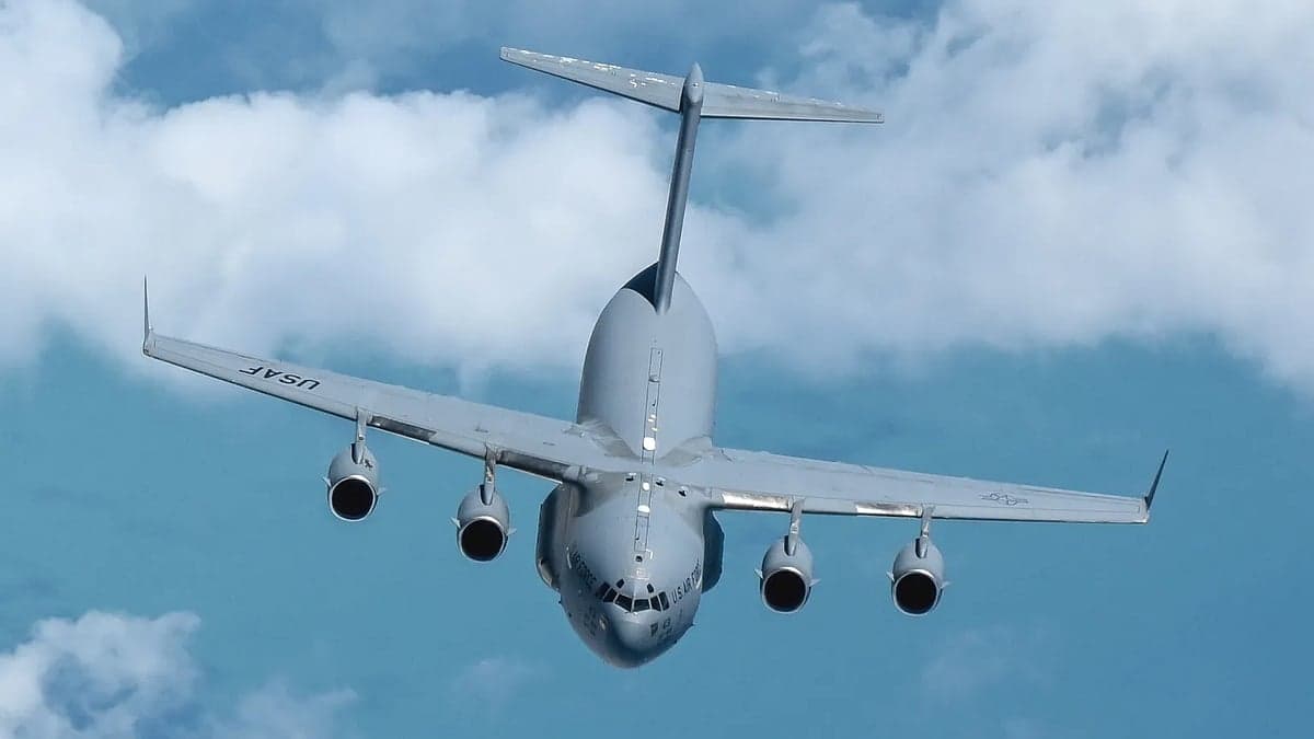 C-17 Globemaster III aircraft landing in Moscow for CIA Director Ratcliffe's unannounced visit.