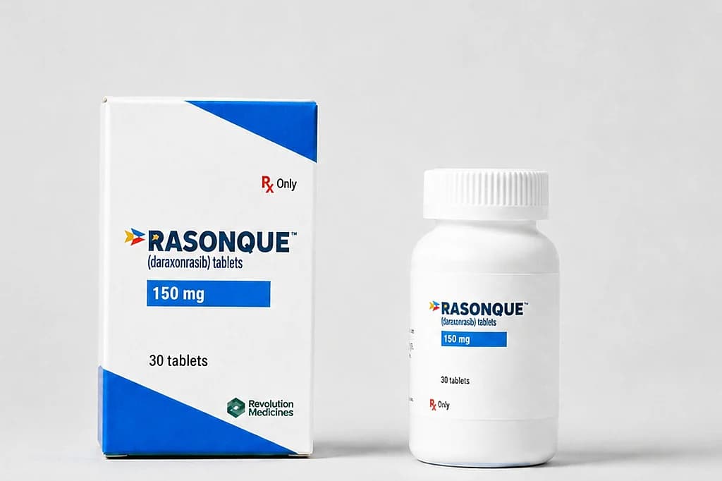 Infographic comparing survival rates of daraxonrasib and traditional chemotherapy for pancreatic cancer patients.