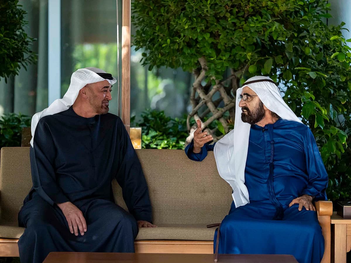 UAE leaders Sheikh Mohamed bin Zayed and Sheikh Mohammed bin Rashid discussing national development initiatives.