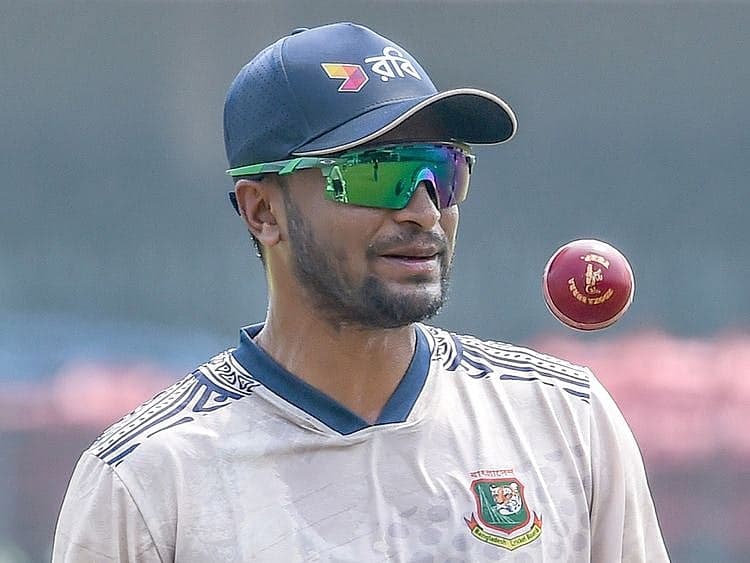 Shakib Al Hasan in cricket gear with a backdrop of political turmoil in Bangladesh.