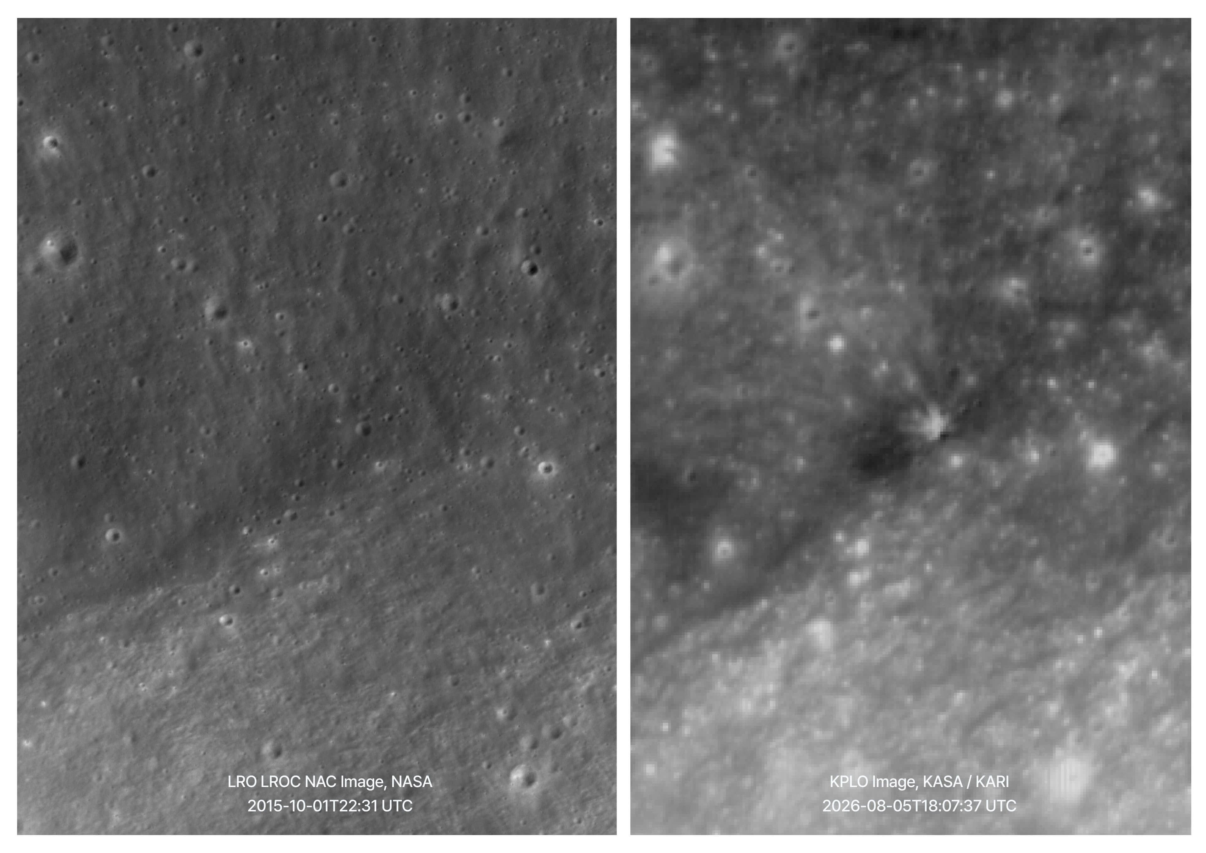 South Korean lunar orbiter image of SpaceX Falcon 9 crash site on the moon