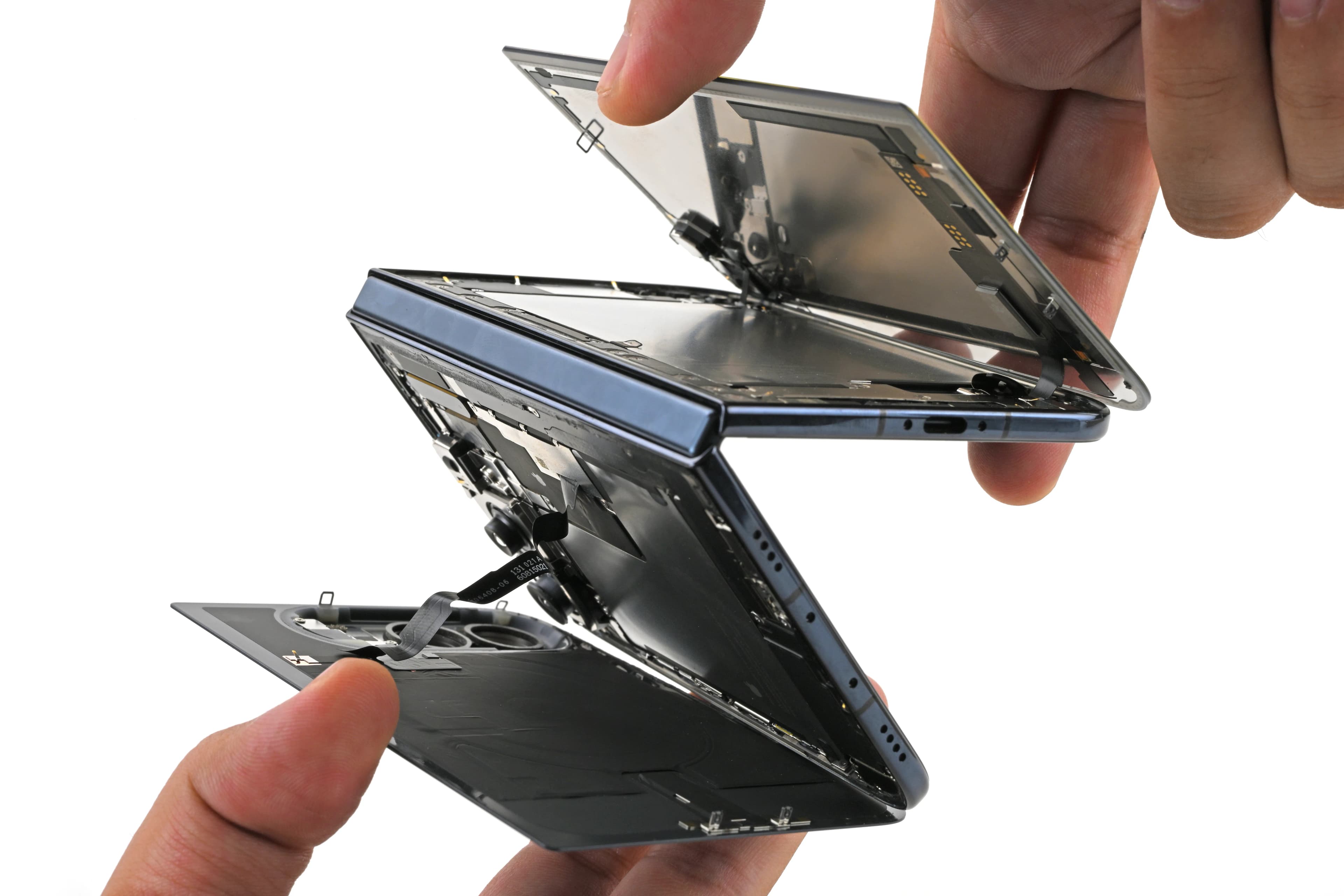 Minimalist technical illustration of the iPhone Duo hinge support bar and inner display fold mechanism