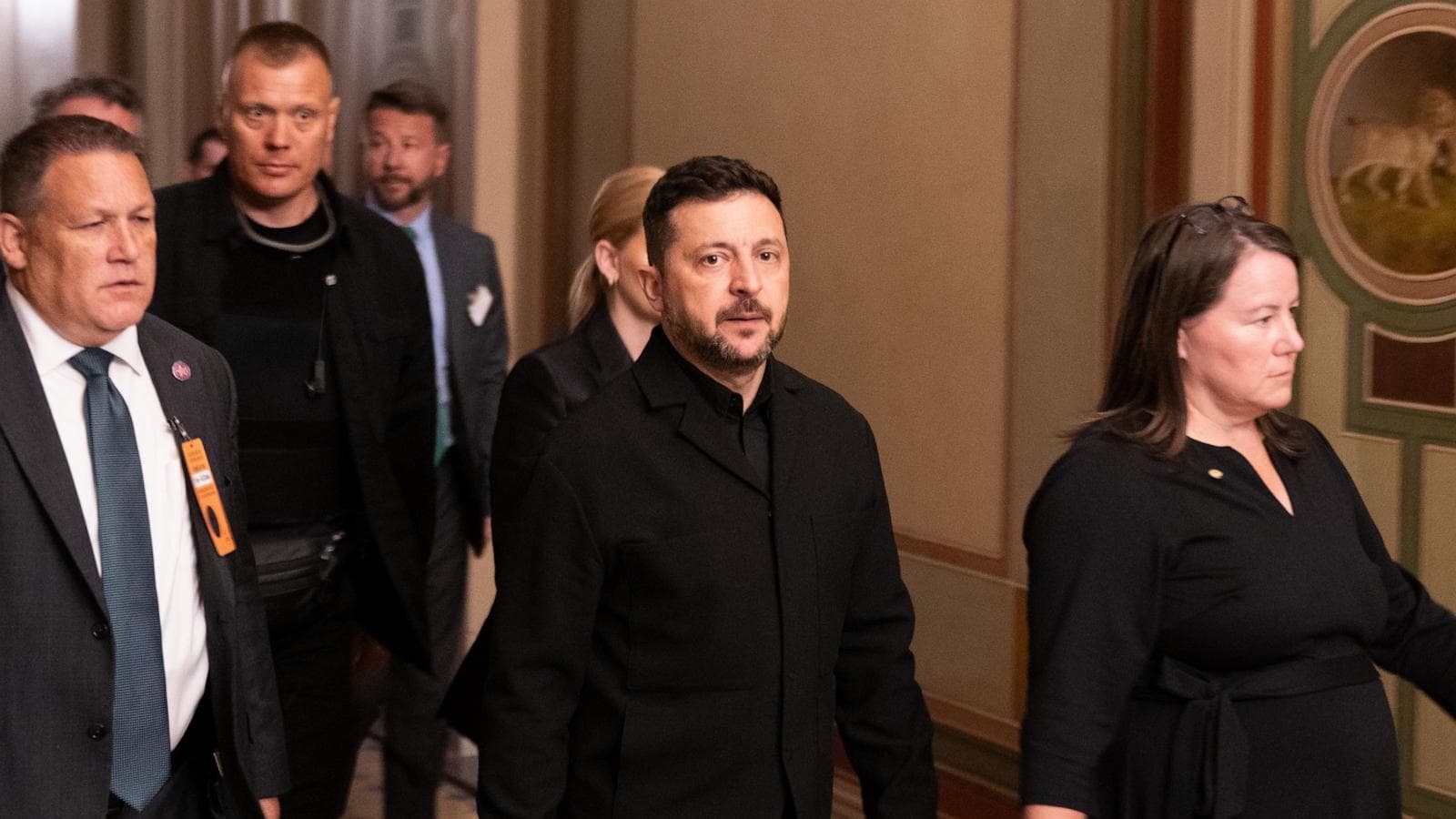 Ukrainian President Zelensky meeting with U.S. senators for military support discussions.