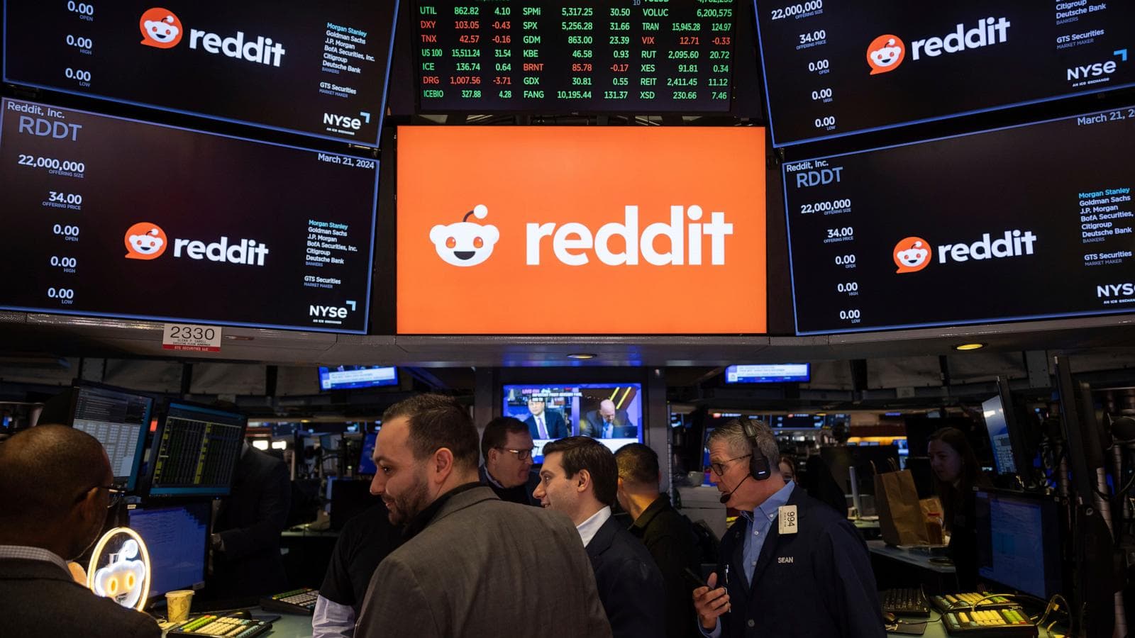 Reddit logo with stock market graphics illustrating its S&P 500 inclusion