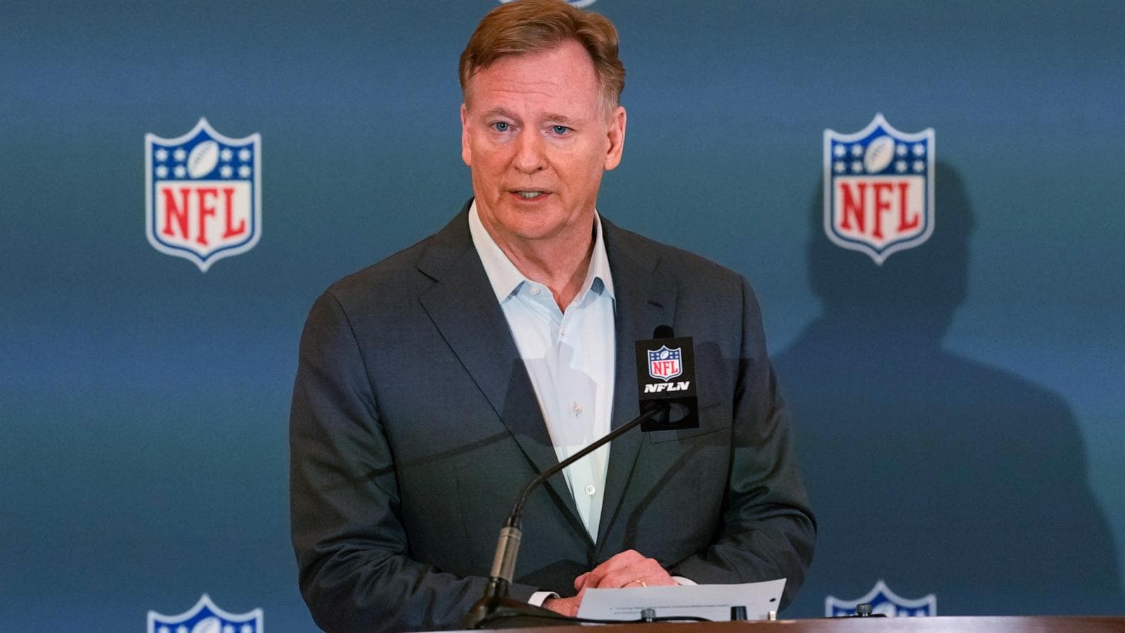 NFL Commissioner Roger Goodell speaking at a press conference.