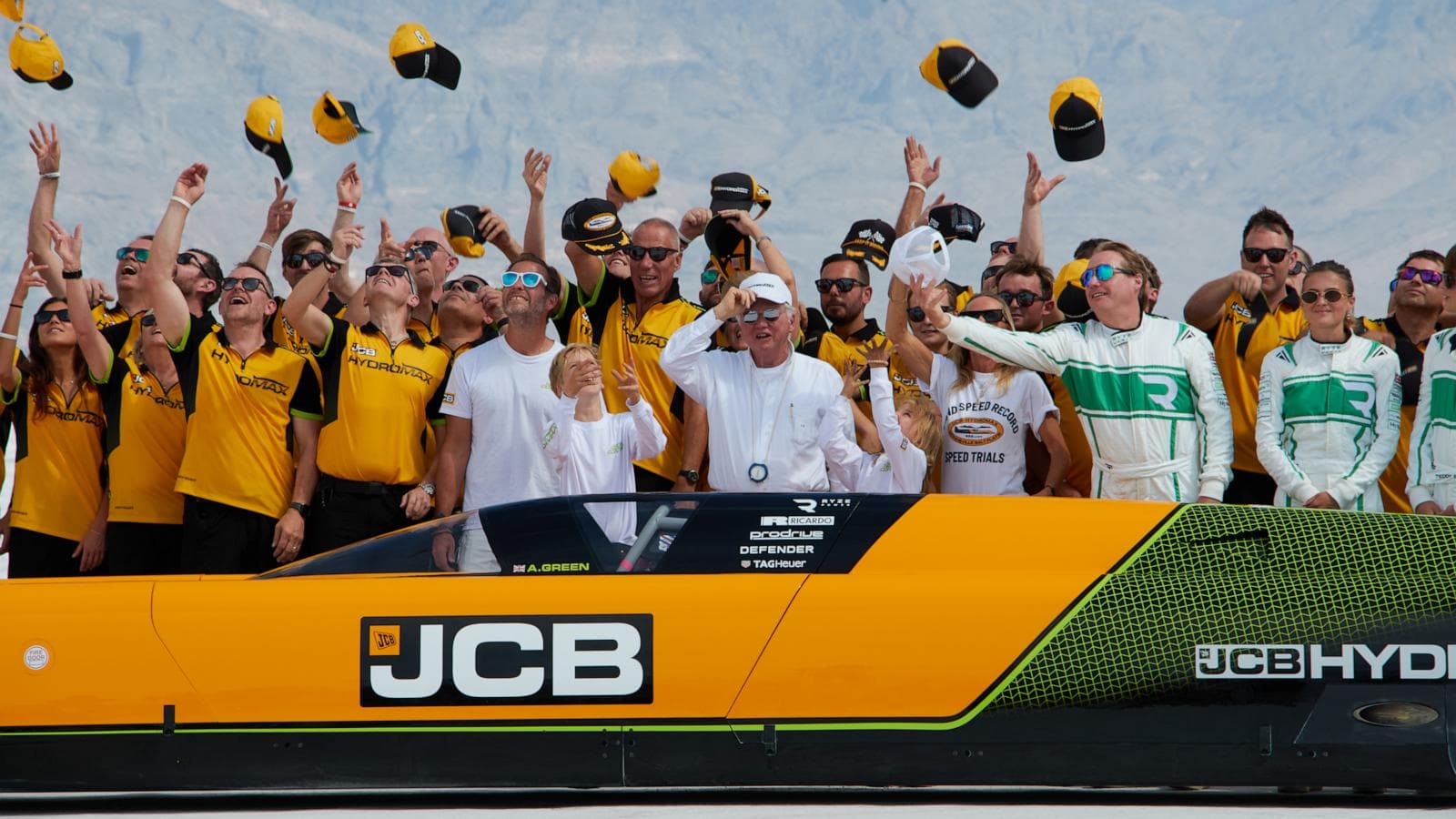 Andy Green driving the JCB Hydromax at Bonneville Salt Flats