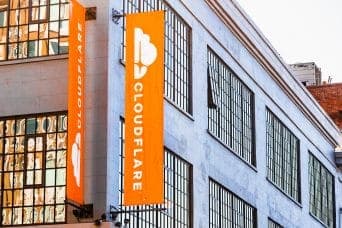 Cloudflare logo with financial growth and job cut graphics