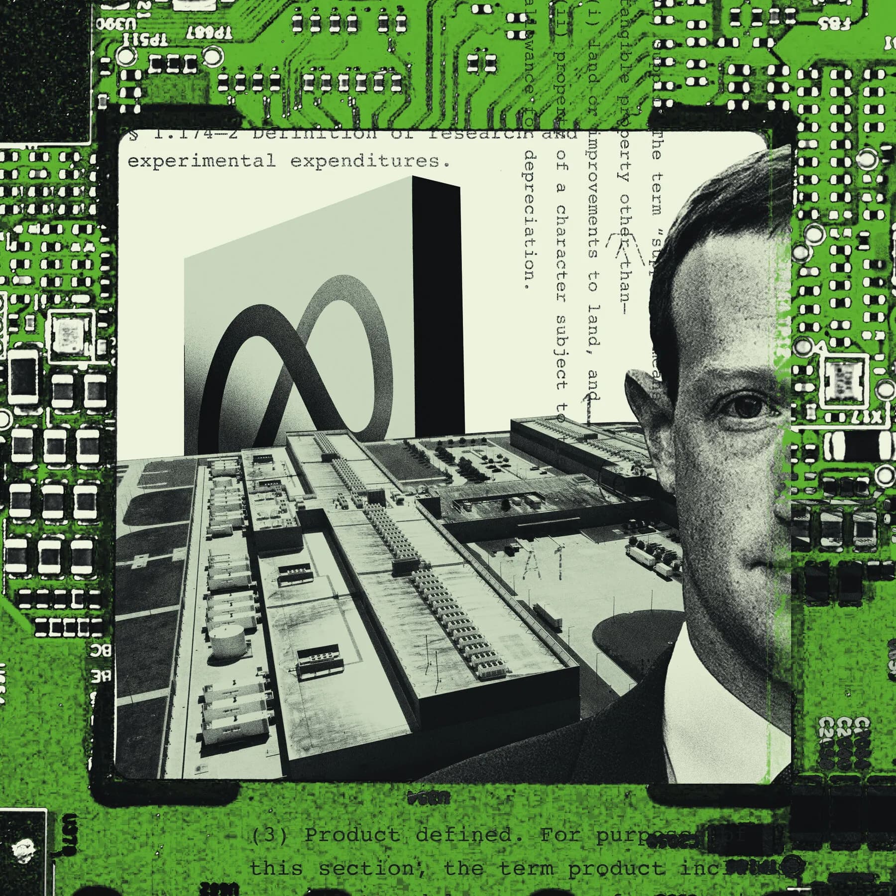 Infographic showing Meta's AI data centers tax strategy and potential IRS implications.