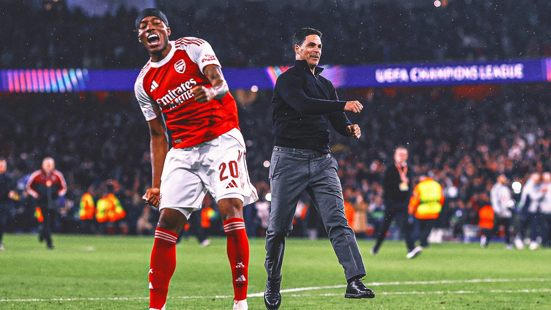 Arsenal FC players celebrating their victory in the UEFA Champions League semi-final against Atlético Madrid.