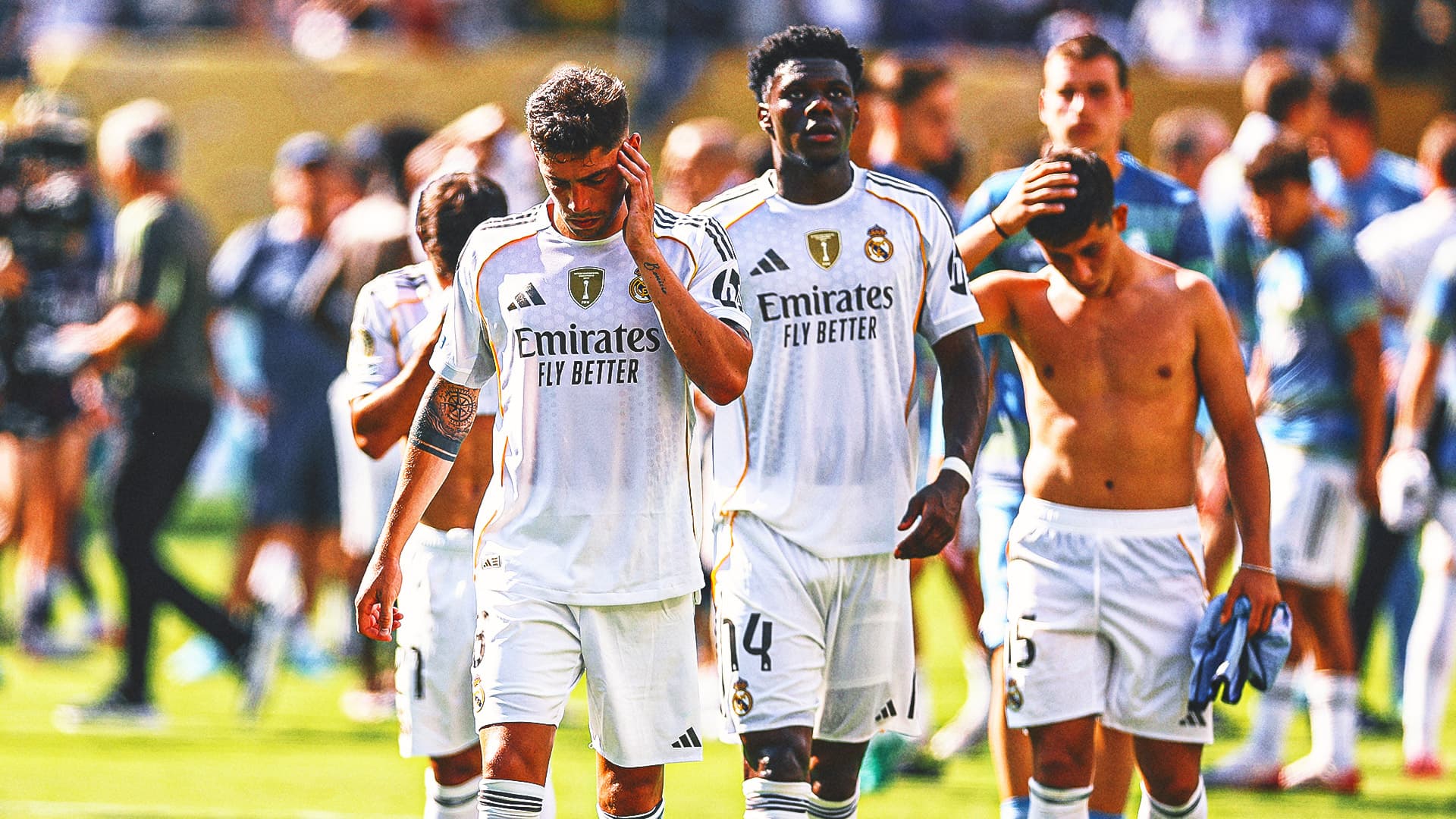 Real Madrid players Aurelien Tchouameni and Fede Valverde during training.